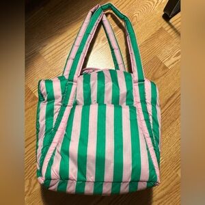 PUFFY MINI TOTE BAG IN PINK + GREEN AWNING STRIPE